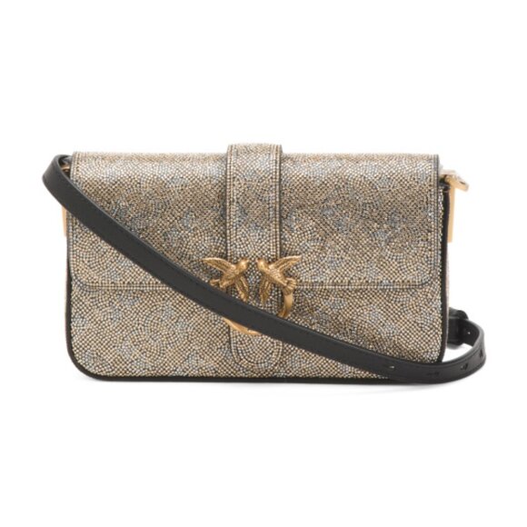 PINKO Leather Love One Rhinestone Shoulder Bag With Strap - Picture 1 of 5